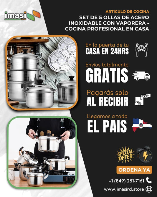 Set de 5 Ollas de Acero Inoxidable con Vaporera | Cocina Profesional en Casa - IMASI RD STORE