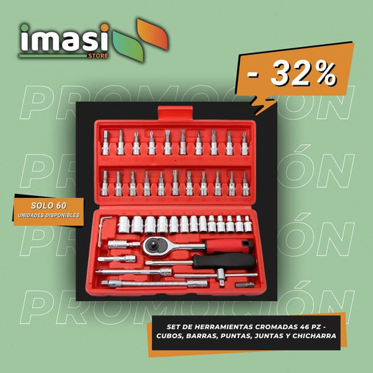 SET DE HERRAMIENTAS CROMADAS 46 PZ - CUBOS, BARRAS, PUNTAS, JUNTAS Y CHICHARRA - IMASI RD STORE