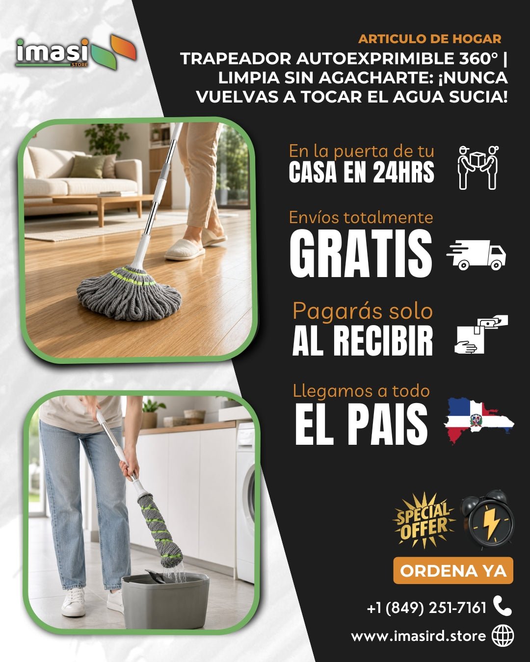 Trapeador Autoexprimible 360° | Limpia sin agacharte: ¡Nunca vuelvas a tocar el agua sucia! - IMASI RD STORE