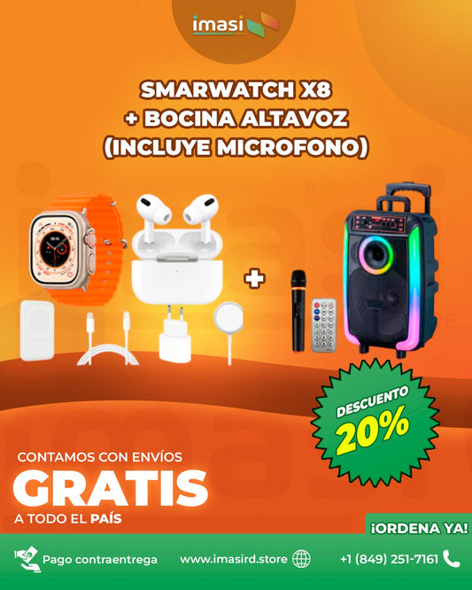 ULTRA SMARTWATCH (Reloj + 2 Cargadores Inalambrico + PowerBank + Audífonos) con BOCINA BLUETHOOTH & MICROFÓNO de Karaokee - IMASI RD STORE